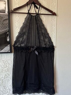 IC COLLECTION Black Sheer Mesh Chemise with Logo Tag